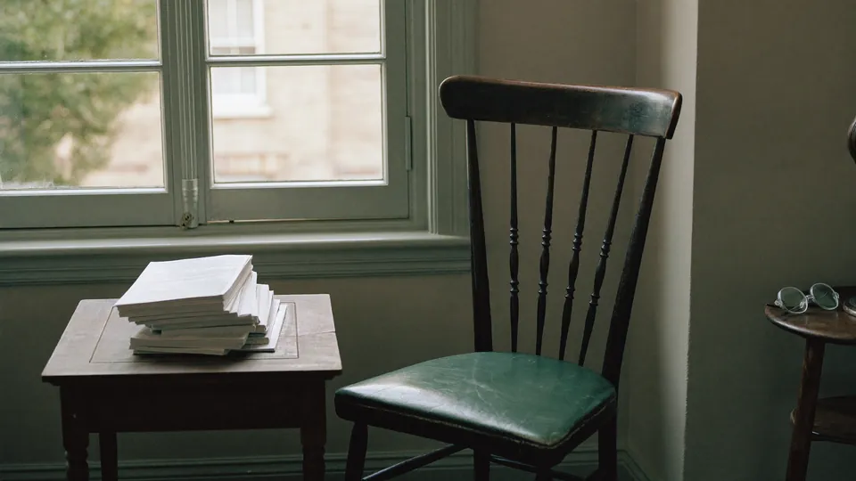 An illustrative reading chair beside a window, with a stack of printed guides and a pair of reading glasses