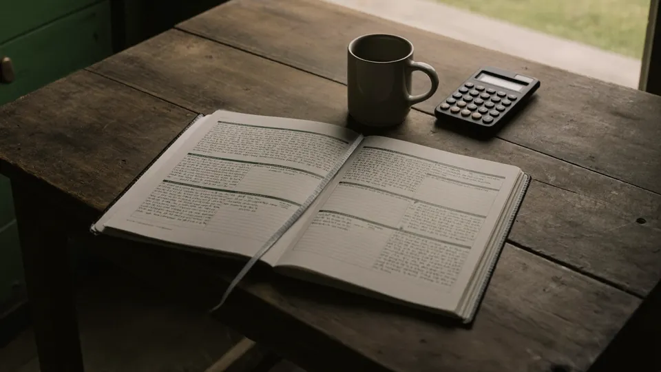 An illustrative open desk diary, a mug of tea and a pocket calculator on a kitchen table